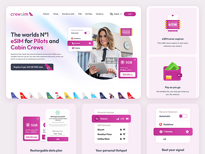 Landing page concept for crewsim bost your signal concept design crewsim design esim cabin crews esim for pilots figma graphic design install your esim landing page design photoshop website design