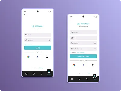 Monarch - Fashion App Login & Signup page animation branding design graphic design interactive login login page logo mobile app profile prototype sign up sign up page social tab bar typography ui ui design user interface ux design
