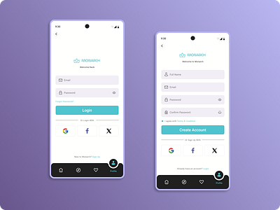 Monarch - Fashion App Login & Signup page animation branding design graphic design interactive login login page logo mobile app profile prototype sign up sign up page social tab bar typography ui ui design user interface ux design