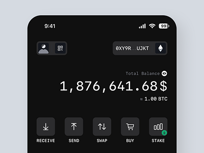 Home Page of Crypto wallet. application balance bocks chain selector home interactions ios mibile mobileapplication page profile setup ued ui