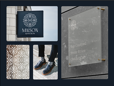 Maison Green Signage apartment blue brand brand experience branding elevated environmental experiential flag sign floral flourish laurel logo navy pattern property refined sinage wayfinding window cling