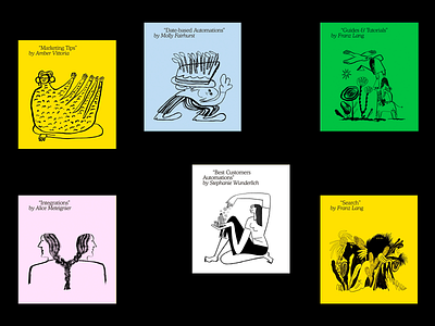 Illustrated Knowledge Section Cards abstract drawings artistic branding content preview creative cards creative layout custom artwork editorial cards educational sections hand drawn illustrated content knowledge modular design playful design section cards section highlights unique layout visual storytelling whimsical visuals