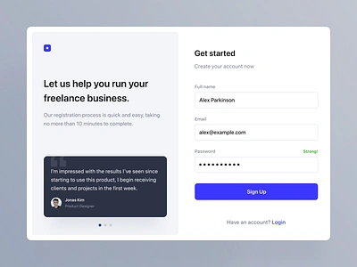 Get Started Screen app button design form login minimal register sign up testimonial ui ux web