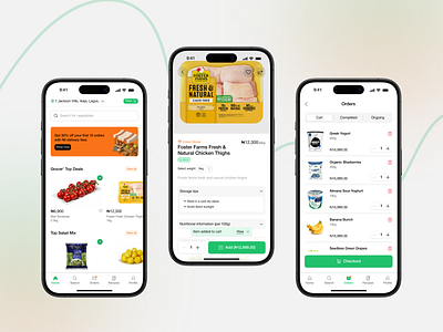 Grocery Shopping Mobile App Design cart checkout clean ui ecommerce figma grocery homepage lightmode minimalist mobile app product detail ui