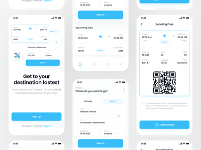 Ticket Booking Mobile App airplane app app design blue boarding pass clean dailyui design details flight minimal modern onboarding online ticket plane train travel ui uidesign user interface