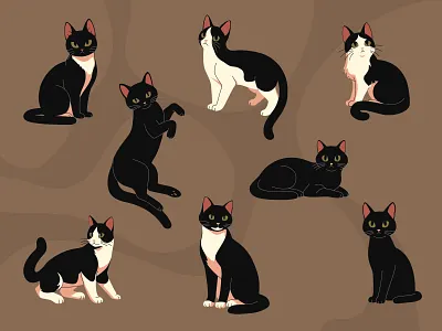 Purring Companions: Black & Tuxedo Cats animal clipart black cat cat art cat illustration character design cute cat flat illustration graphic design hand drawn minimalist vector pet illustration tuxedo cat vector cat vector illustration