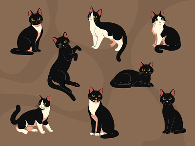 Purring Companions: Black & Tuxedo Cats animal clipart black cat cat art cat illustration character design cute cat flat illustration graphic design hand drawn minimalist vector pet illustration tuxedo cat vector cat vector illustration