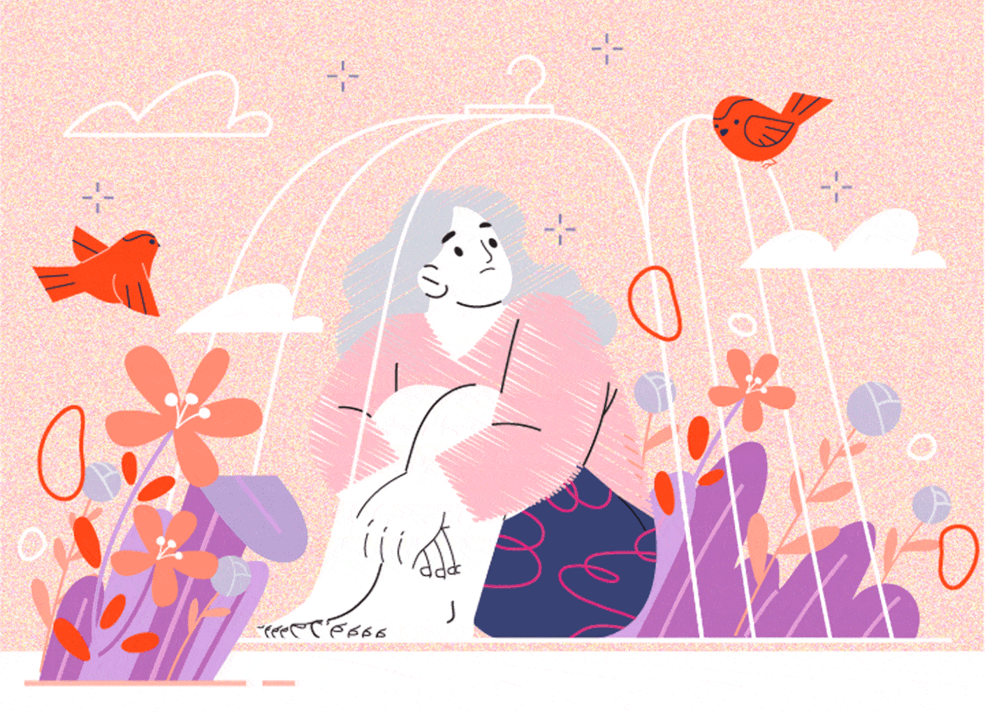 Mental Health App Animation — Breaking the Cage illustration animation graphic design illustration mental health mental health app mobile application mobile design onboarding ui user interface visual style yoga