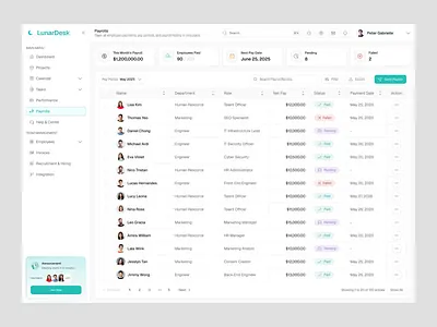 LunarDesk - Dashboard Task Management Payrolls Page animation card clean dashboard design hr management list payroll payroll manegement saas dashboard smooth table task task management ui ui design uiux ux