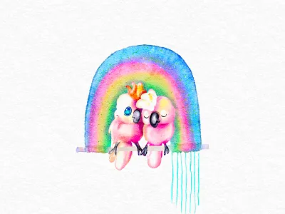 Rainbow of Love hand drawn illustration parrots valentines day watercolor