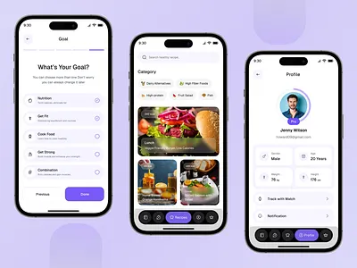 Nutrition Tracker App – Goal Setup, Recipes & Profile UI activity tracker calories carbs clean diet fitness tracking food foodie habit tracking health and fitness healthy macrotracker minimal mobile mobile app nutrition nutrition mobile app protein tracking app ui