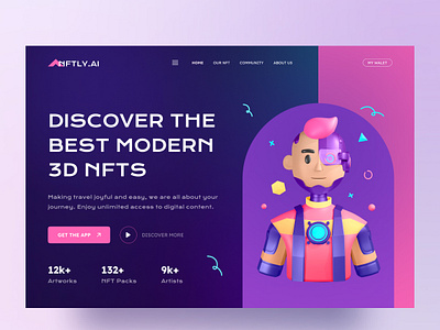 NFT Marketplace Website Header 3d illustration 3d ui 3dnft blockchaindesign conceptual 3d creativewebdesign cryptoart digital assets digitalmarketplace futuristic design hero section landing page metaverse design modern ui nft header nft portal nftdesign uiux design vibrant color web3ui
