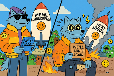 Meme Launchpad Comic Series — A Crypto Journey in 10 Scenes art cartoon wolf comic crypto crypto art crypto comic series crypto humor crypto meme project degen funny character funny crypto design meme meme coin meme coin comic meme culture meme launchpad comic token design web3 design web3 meme artwork wolf