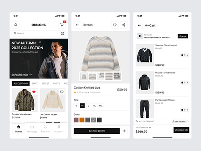 Fashion E-Commerce Mobile App – OBBLONG checkout cleandesign designfashion detailscart detailsitem ecommerce fashion fashionmobile graphic design mobile mobileapp stylemobile ui uiux