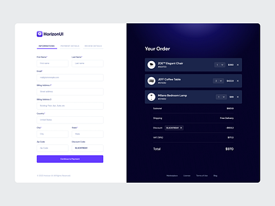 Checkout Page - Horizon UI admin admin dashboard admin panel admin template card cart checkout checkout design credit card creditcard ecommerce ecommerce cart order payment shopping stripe template