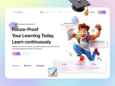 E-learning Hero Section Landing Page Design 3d app application course e learning education glassmorphism herosection landingpage mobile student ui uiux ux website