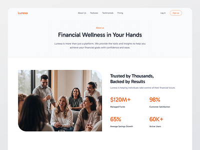 Lunexa – About Us Page UI Design about page about us about us page clean design company profile company website design desktop finance financial fintech landing page ui uidesign uiux ux uxdesign web web design website