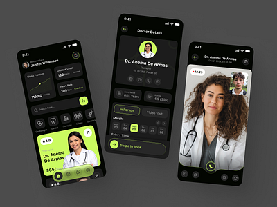 Smart Health App – Modern Dark UI for Tracking & Booking Care darkui doctorbookingapp figmadesign healthcareapp healthtech ibrahimuix medicalapp mobileappdesign modernui patientexperience telemedicinedesign uiuxdesign usercentereddesign uxdesign vitalstracker