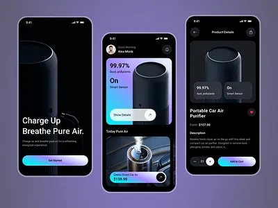 Smart Air Purifier Mobile App Concept air conditioner air purifier airpurifier airquality app app design appdesign automation cleanair concept dark ios iot mobile mobile app product design smart app smart gadget smarthome uiux