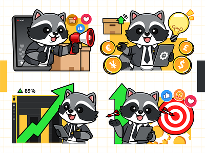 Racoo Ads - Your Marketing Buddy Mascot advertising branding cartoon character cute design graphic design illustration logo marketing mascot mascot logo racoon racoon illustration