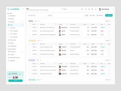 LunarDesk - Dashboard Task Management Task Page animation card clean dashboard design hr management list view management road page saas smooth task task management dashboard task managemnt task page ui uiux ux