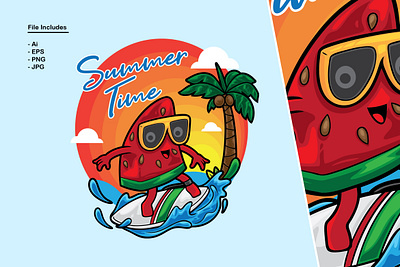 Watermelon Surfing Summer Illustration skateboard