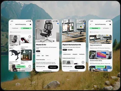 Nomadoor - E-commerce Mobile app for Digital Nomads app app design catalog design e commerce ios minimalism mobile app mobile app design popular product card products rental retail shop sort filter top design trending ui ux