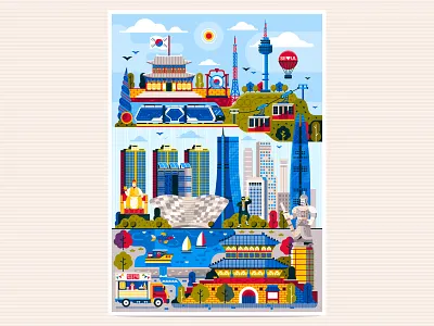 Korea Travel Scenes asia asian busan cityscape flat design illustration incheon korea landmarks poster print seoul skyline south travel