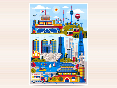 Korea Travel Scenes asia asian busan cityscape flat design illustration incheon korea landmarks poster print seoul skyline south travel