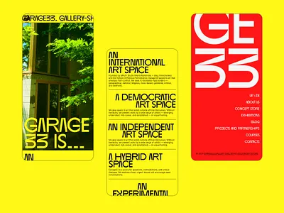 Art Gallery | Garage33 | Website Redesign | About us page about us page art art gallery art museum big footer brutalism design design concept first block first section footer hero section mobile typography ui web design yellow