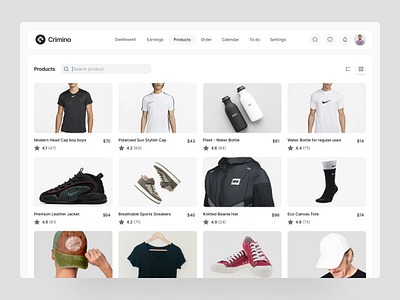 Crimino | Sales Analytics CRM – Product Page clothing collection crm ecommerce items minimal design product design product management product page productlisting sales analytics uiux