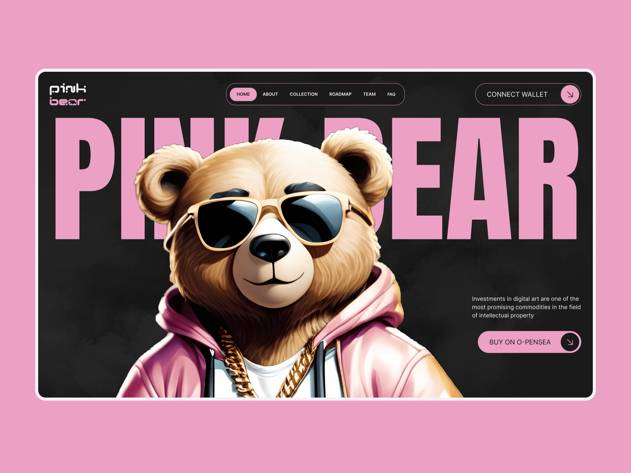 NFT Pink Bear — Hero section UI/UX & Responsive Web Design branding creative direction crypto crypto website digital art dribbble shots figma hero section landing page minimalism design modern design modern ui nft design premium responsive design uiux web design web design trends web3 website design
