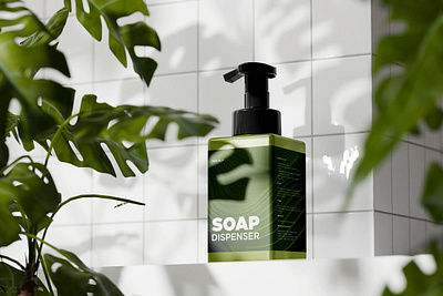 Soap Dispenser Square Bottle Mockup PSD bottle branding container design dispenser liquid mockup packaging pump soap square