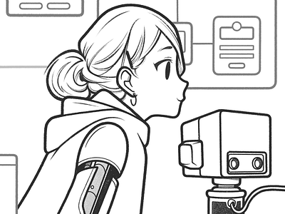 girl black and white cartoon character character design comic computer details drawing girl hacker illustration line minimal monochrome procreate robot robots ui ux work