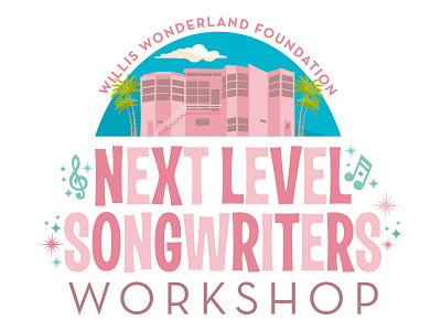 Willis Wonderland Next Level Songwriters Workshop Logo blue sky bungalow california celebrity design hollywood illustration kitsch los angeles midcentury music palm springs palm tree pink retro songwrititng vector vintage workshop