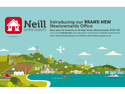 Ards Peninsula illustration/Wall Mural advertising airport ards peninsula cartoon design ferry field helicopter illustration lifeboat lighthouse louds mural northern ireland real estate tower vector