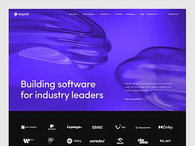 Miquido Software House Web Navigation Redesign 3d animation dark glass gradient homepage hover interaction menu motion navigation purple