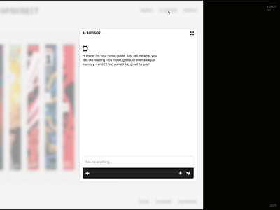 AI-Advisor – Comics Portal ai ai advisor ai chat animaition assistant chat comics design home page loader minimal pop up portal recommendations ui ui design ux webdesign website