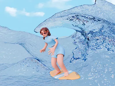 3D Girl Character in Sunglasses Surfing - Summer Illustration 3d 3d character 3d illustration 3d modeling blender blender art cartoon character cartoon style character illustration character modeling graphic design illustration ocean summer illustration summer render surfing waves website illustration