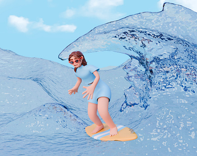 3D Girl Character in Sunglasses Surfing - Summer Illustration 3d 3d character 3d illustration 3d modeling blender blender art cartoon character cartoon style character illustration character modeling graphic design illustration ocean summer illustration summer render surfing waves website illustration