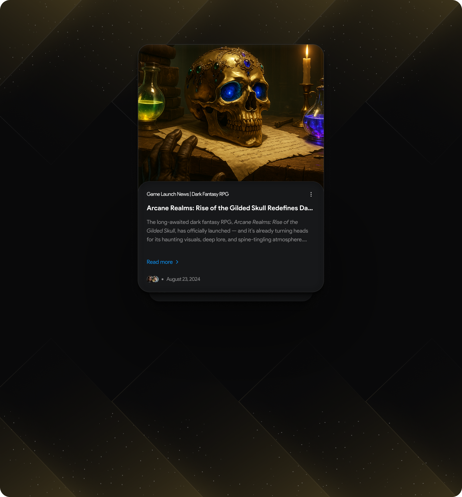 Blog Post Card - Game News / Blog blog branding cinematic ui design dribbble game ui concept fantasy game website ui first person game ui game announcement card game blog card design game launch blog post ui graphic design immersive rpg ux magical world interface post social media ui uiux for fantasy game