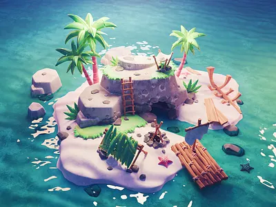 Survival Island 3d blender diorama illustration island isometric ocean render summer tropical