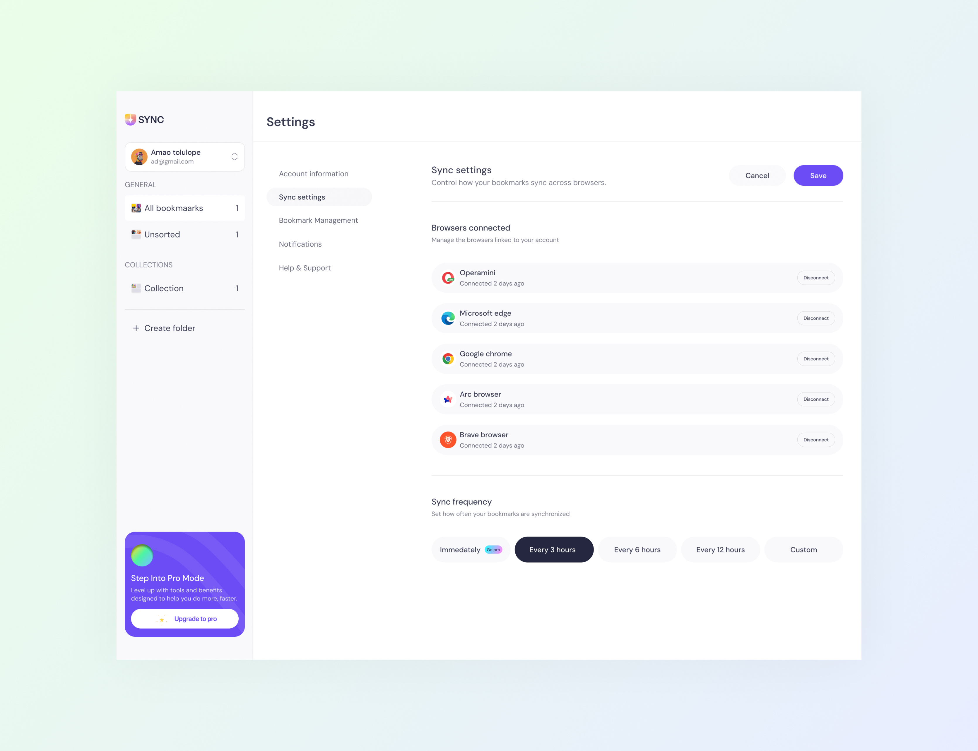 Settings page bookmarks dashboard settings web3