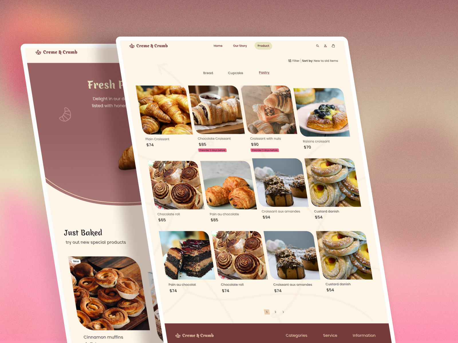 Creme & Crumb – Freshly Baked Bakery Website UI 2025 autolayout bakerywebsite ecommerce figma foodui hoverinteraction prototype ui webdesign