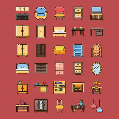 Furniture Icon Pack Outline Colored Style flat furniture icon icon set illustration interior outline ui