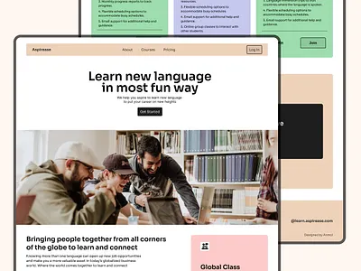 Aspirease | Language learning website clean e learning education figma homepage institute landing page learning learning platform minimal teaching ui web web design webflow