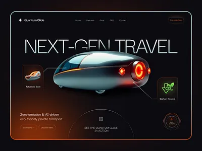 Quantum Glide — Futuristic AI-Driven Transport UI Concept ai powered ai ux clean energy concept design dark ui dashboard future transport futuristic ui interaction landing page moton ready product design sci fi interface smart mobility transport design transportation ux design ux trend 2025 video zero emission