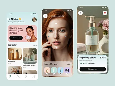 Skincare Mobile App banner beauty beautyapp camera cart catalog cleanui ecommerce face figma health homepage minimal personalized product shop skincare skincareapp uidesign uiuxdesign
