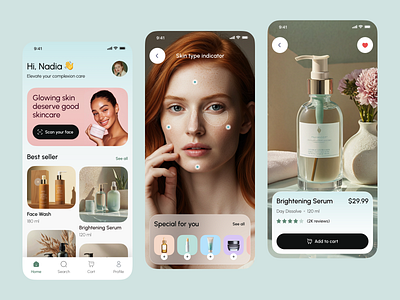 Skincare Mobile App banner beauty beautyapp camera cart catalog cleanui ecommerce face figma health homepage minimal personalized product shop skincare skincareapp uidesign uiuxdesign