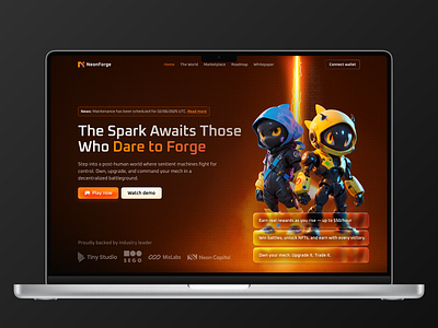 NeonForge – Web3 Mecha Game Landing Page Exploration earn to play figma design futuristic ui game game landing page game ui landing page modern website nft game web3 web3 game web3 gaming